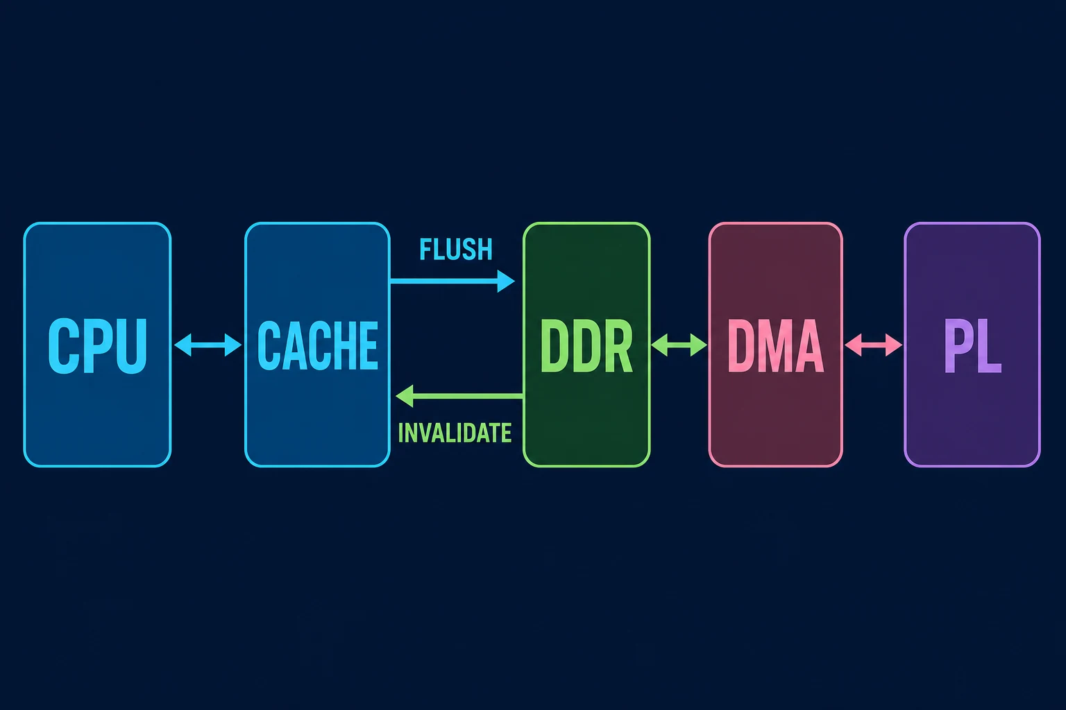 Data paths between the processor, cache, DDR, DMA and PL